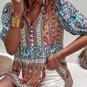 Cute Summer Top Bohemian Floral Short Sleeve Casual Tops